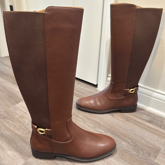 Coach Faith Riding Tall Brown Walnut Leather Logo Boots